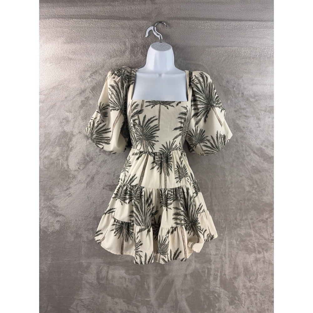 Eugenia Fernandez Mini Dress Womens Size Small Beige Palm Print Puff Slee